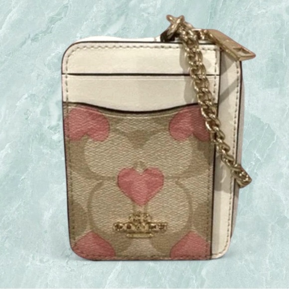 Coach Pink Heart Card Holder with Gold Chain - Picture 1 of 4